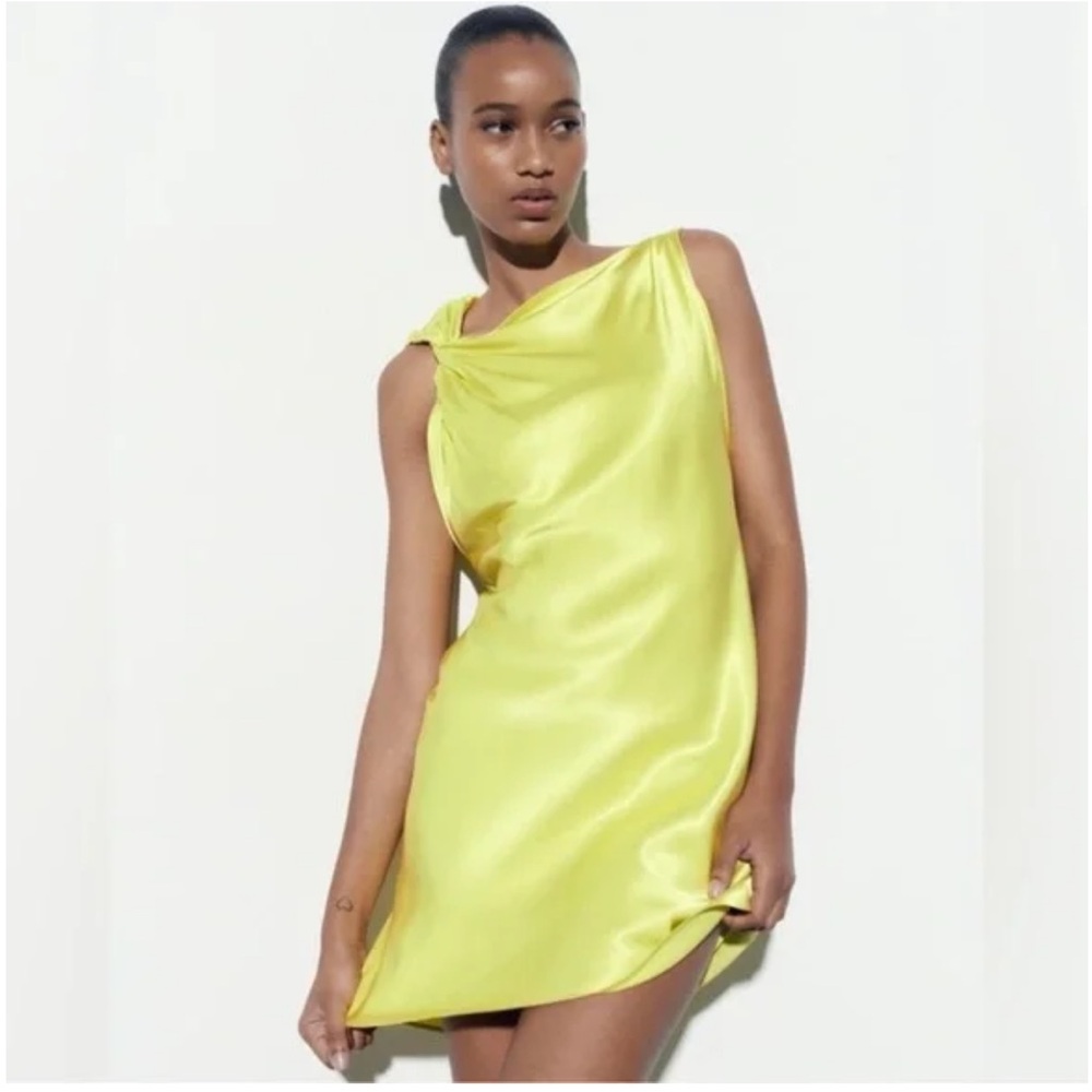 NWT Zara Womens Knotted Satin Effect Dress XS Lime Party Cocktail Neon